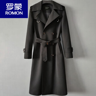 Romon knee-length windbreaker men's european station 2025 spring and autumn new style handsome double row large size loose extra long coat trendy 1191 black 2xl