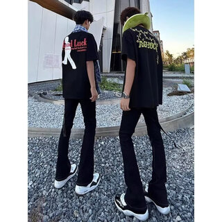 Poum black ribbon micro-flare jeans for men vibe high street handsome american retro design straight long pants for men dffs-581 black regular black ribbon l 105-120jin jin equals 0.5 kg