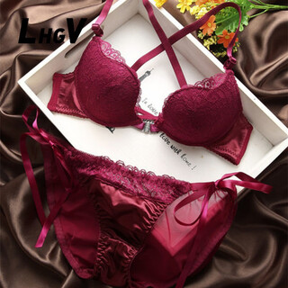 Lhgv brand underwear, feminine lace, beautiful back, push-up, adjustable front buckle, pure lust premium bra set for young women, front button wine red set, gift box 80a
