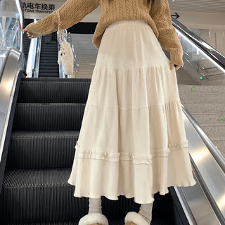 Miao yijia autumn skirt new style versatile winter skirt large hem skirt long skirt women's cake skirt covering belly skirt small lace pleated skirt beige m recommended 95-110 jin jin equals 0.5 kg
