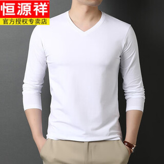 Hengyuanxiang long-sleeved t-shirt pure cotton v-neck men's autumn clothing solid color spring and autumn bottoming shirt middle-aged dad loose top white l 170 120-135jin jin equals 0.5 kg wear