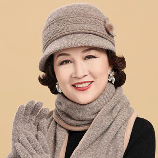 Gu wenlun's hat with wig for middle-aged and elderly women in autumn and winter 2025 season mother's style short curly hair full head hat plus velvet versatile style (khaki hat) dark brown curly hair (hair net)