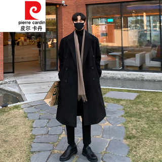 Pierre cardin men's woolen coat men's mid-length korean style woolen coat autumn and winter cashmere thickened windbreaker loose knee-length coat black s