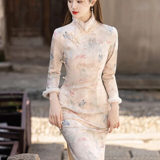 Du yanzhi 2025 winter new style gilt silver beaded satin plus hair and thickened long cheongsam new chinese style national style high-end women's cheongsam pink xl (170) 110-120jin jin equals 0.5 kg