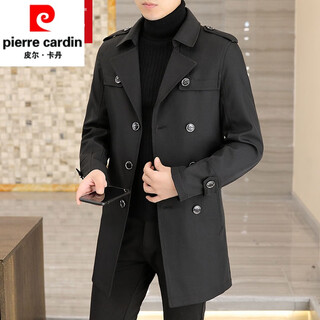 Pierre cardin light luxury mid-length windbreaker men's coat autumn and winter 2025 new double-breasted high-end jacket men's coat 2158 black 190