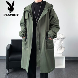 花花公子工装风衣男中长款男士外套冬季款大衣2025新款厚男 薄款 军绿色-秋款 M
