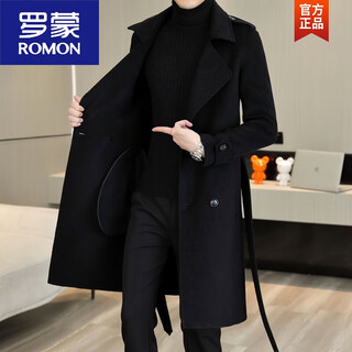 Romon woolen coat men's mid-length handsome belt slim woolen woolen coat double-sided woolen windbreaker black 2xl 185 recommended 140jin jin equals 0.5kg -155jin jin equals 0.5kg