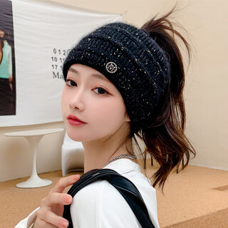 Shuangxi winter high ponytail hat with open top headband for women, autumn warm japanese knitted wool, korean version, versatile, black, elastic (54-60cm)