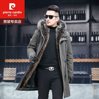 Pierre cardin mink liner men's fur all-in-one genuine mink coat mid-length haining whole mink removable fur coat mink liner fur sleeves military green outer cover xxl/180