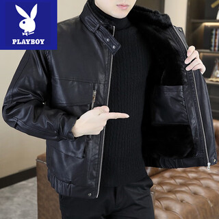 Playboy winter youth leather jacket men's velvet thickened leather jacket coat handsome leather cotton jacket fur one-piece jacket for cold protection black l