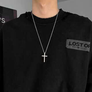 Qmxd engraving trendy men's cross necklace men's trendy titanium steel long-lasting hip-hop pendant simple personality gift for boyfriend