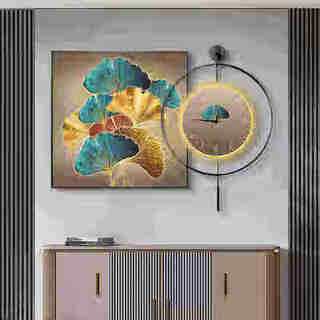
Huaixue Middle Style Bailian Restaurant Decorative Painting LED Lights with Clocks and Watches Combination Mural Retro Style Dining Table Background Wall Hanging Painting K12806/PB57 Painting 80*80+Diameter 60 Crystal porcelain metal black frame/power bank + remote control