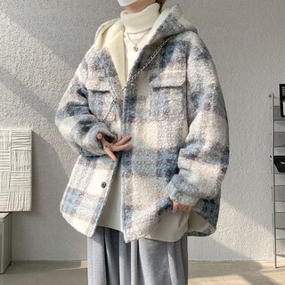 Poke lambswool jacket men's winter new style xiaoxiang trend brand tartan material plus velvet thickened warm loose cotton jacket blue xl