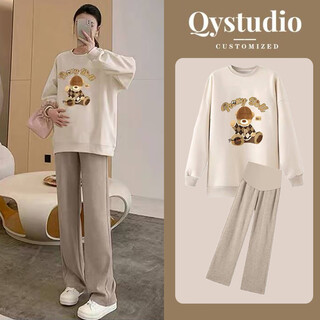 Yuanjiaxin autumn and winter maternity suit outer wear maternity pants tummy support pants maternity sweatshirt spring and autumn plus size large size 200jin jin is equal to 0.5kg (apricot top + oatmeal pants) spring and autumn style l