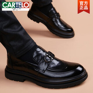 Cartelo crocodile loafers men's genuine leather breathable thick-soled beanie casual leather shoes 2025 new business formal slip-on men's shoes black does not increase 40