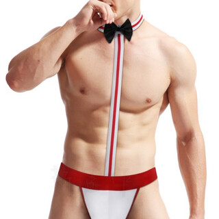 One-piece men's sexy underwear, seductive thong, breathable, elastic, sexy bow tie, low-waisted butt-revealing suspender pants, one-piece thong red, one size fits all