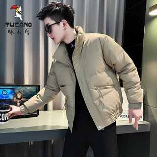Woodpecker (tucano) handsome short down jacket men's winter trendy stand collar thickened cotton jacket 2026 new men's cotton jacket khaki l recommended 115-130jin jin equals 0.5 kg