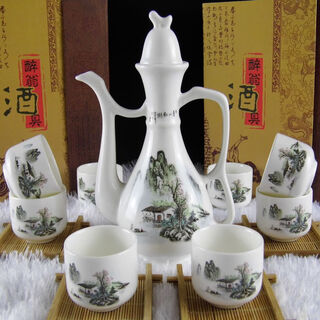 Chinese antique ceramic wine set, household wine pot, small wine glass, wine bottle pourer, wine divider, wine set gift, qingshan mangrove 9-piece set, straight cup