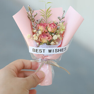 Pengcai dried flower bouquet, real flower birthday gift, mini small bouquet, souvenir gift box decoration, photo prop for best friend, small dried flower rose pink leather, about 16cm, mini bouquet