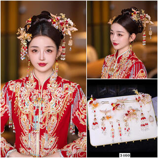 Mixin new 2025 new chinese style light-colored xiuhe clothing headwear, age-reducing dressing gown accessories, small lantern hairpin xiuhe hair accessories, gold and red six-piece set of earring clips