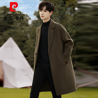 皮尔卡丹2025年男士中长款大衣双面羊毛高级感过膝风衣春秋季羊毛呢子外套 灰绿 M 170