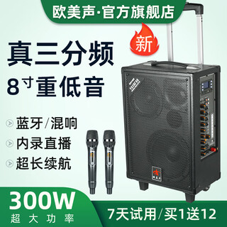 European and american sound outdoor audio karaoke dedicated three-way high-power professional singing live broadcast square dance performance high-quality large volume mobile pull rod bluetooth portable speaker equipment 8-inch 518 pull rod 300w 2* wireless u-segment metal microphone + gift package