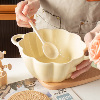 Dinner general double-eared ceramic bowl with spoon set soup bowl noodle bowl household fruit salad bowl high-looking breakfast bowl yogurt bowl milk fufu pumpkin bowl large + spoon