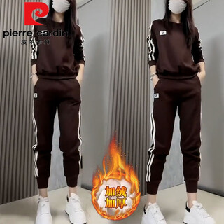 Pierre cardin velvet thickened korean style sports suit for women 2025 autumn and winter new fashionable age-reducing sweatshirt and leggings two-piece set 6115# coffee color velvet thickened l recommended 100-110 jin jin equals 0.5 kg