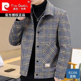 Pierre cardin 2025 autumn and winter new plaid woolen coat men's lapel jacket young men handsome woolen coat knitted r2206 blue plaid 2xl (about 145~160jin jin equals 0.5 kg can be worn)