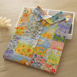 Nuanqiao cotton shirt women's long-sleeved mid-length spring and autumn contrasting color stitching color oil painting printed loose casual cotton shirt color printed oil painting one size (110-150jin jin equals 0.5 kg)