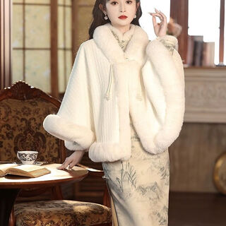 Republic of china thickened velvet cloak, elegant shawl cheongsam, beautiful chinese style high-end autumn and winter warm coat plush, national style white, one size fits all