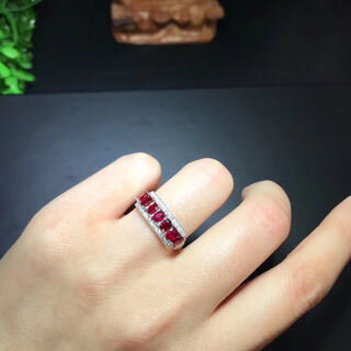 Baozha silver inlaid natural ruby ring stone size 3*4mm pigeon blood red ruby row ring live female ring