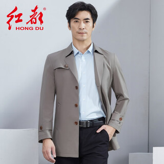 红都新款中老年男士风衣系扣爸爸装可水洗不易皱男装外套 卡其JK7530-2 2XL 185/100A