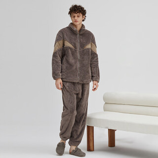 Chundu soft coral velvet pajamas for women winter thickened plus velvet wedding couple set men's flannel home clothes oatmeal color l