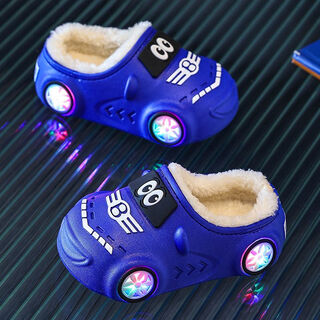 Nian lulan winter luminous car children's cotton slippers indoor and outdoor velvet men's and women's baby cotton shoes waterproof non-slip soft bottom blue luminous light 26 2-27 size suitable for feet 15.5-16cm