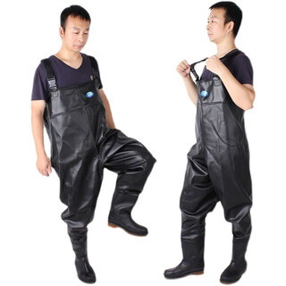Shantou lincun full body waders one-piece rain pants with water boots and rain boots leather forked pants thickened cowhide pattern suspender waders size 38