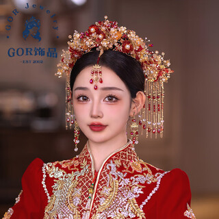 Gor fat donglai same style xiuhe clothing headdress 2024 bride new style chinese style grand phoenix crown wedding xiuhe eyebrow center front and back model phoenix crown headdress + earrings