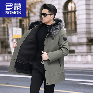 Romon parker men's winter rex rabbit fur liner fox fur all-in-one coat 2024 new mid-length men's khaki green outer + rex rabbit fur liner + frost fur collar xl 52 size down sleeves 130-145jin jin is equal to 0.5 kg