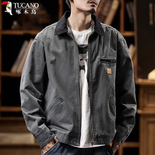 Woodpecker (tucano) american heavy jacket men's autumn and winter 2025 new retro men's pure cotton workwear plus velvet quilted jacket trend gray green spring and autumn regular xl suitable for 145jin jin equals 0.5kg -160jin jin equals 0.5kg