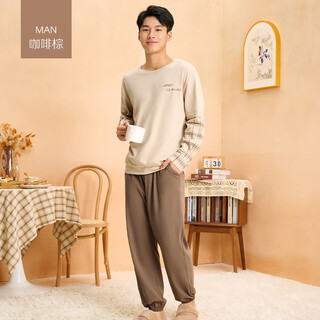 Funilai couple pajamas pure cotton comfortable men's two-piece set loose and breathable couples can wear out autumn home clothing set women brown-men's xl