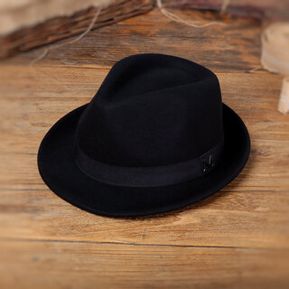 欧凡迪 高端男士礼帽羊毛爵士帽英伦绅士帽秋冬休闲呢子毡帽卷边黑色礼 黑色织带装饰 M(56-58cm)可调节
