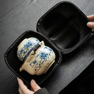 Tangfeng ru kiln blue and white travel tea set one pot three cups portable quick cup beige flower lotus rhyme travel tea set