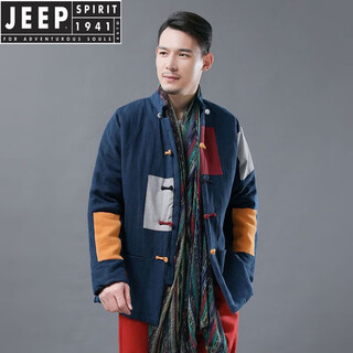 Jeep spirit chinese style beggar style cotton coat men's winter chinese tang suit jacket retro men's color block cotton coat button stand collar cotton navy blue m