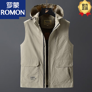 罗蒙（ROMON）休闲马甲男春秋季外穿背心防风防水运动速干马夹连帽工装坎肩外套 卡其 3XL