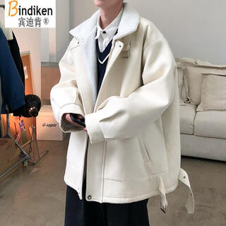 Bindiken lamb plush cotton jacket men's winter cotton clothes trendy brand loose youth winter clothes velvet thickened warm clothes a071-089 white (the version is one size larger) m