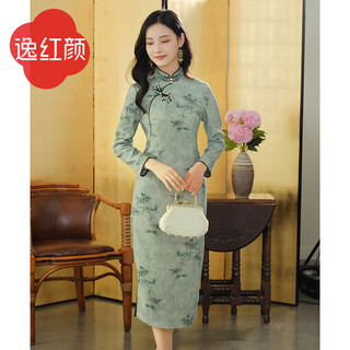E.beauty zhuyan 2025 spring new knitted cheongsam improved dress women's handmade bamboo leaf disc button feitian green 2xl