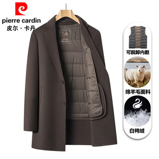 Pierre cardin woolen coat men's winter 100% wool woolen coat mid-length removable down liner suit collar windbreaker brown xl /180
