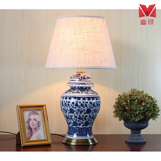 新中式全铜台灯景德镇青花瓷客厅书房卧室床头遥控调光陶瓷台灯具 青花将军罐麻布灯罩高55厘米 调光开关