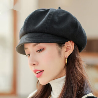 Somubay hat women's autumn and winter new beret dual-purpose octagonal hat shows face small temperament fashionable painter hat versatile cloud hat solid color two-wear octagonal hat-black