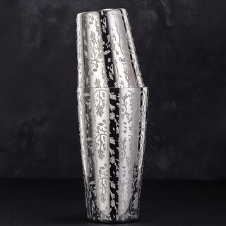 Feinasi 304 stainless steel engraved boston cocktail shaker steel cup large and small hall fancy etched pattern shaker without bottom pattern